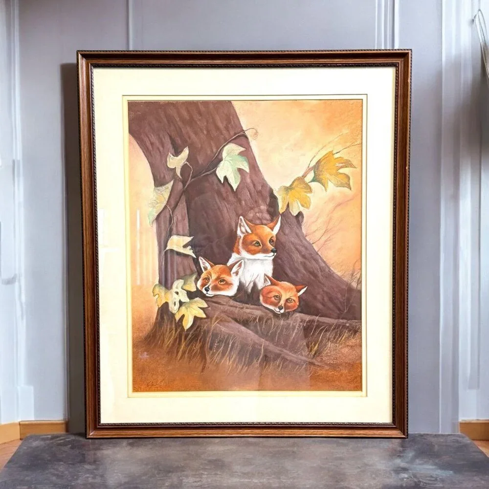 Vintage Unique Framed Fox Family Original Painting Artwork 22"x 25" - Picture 1 of 16